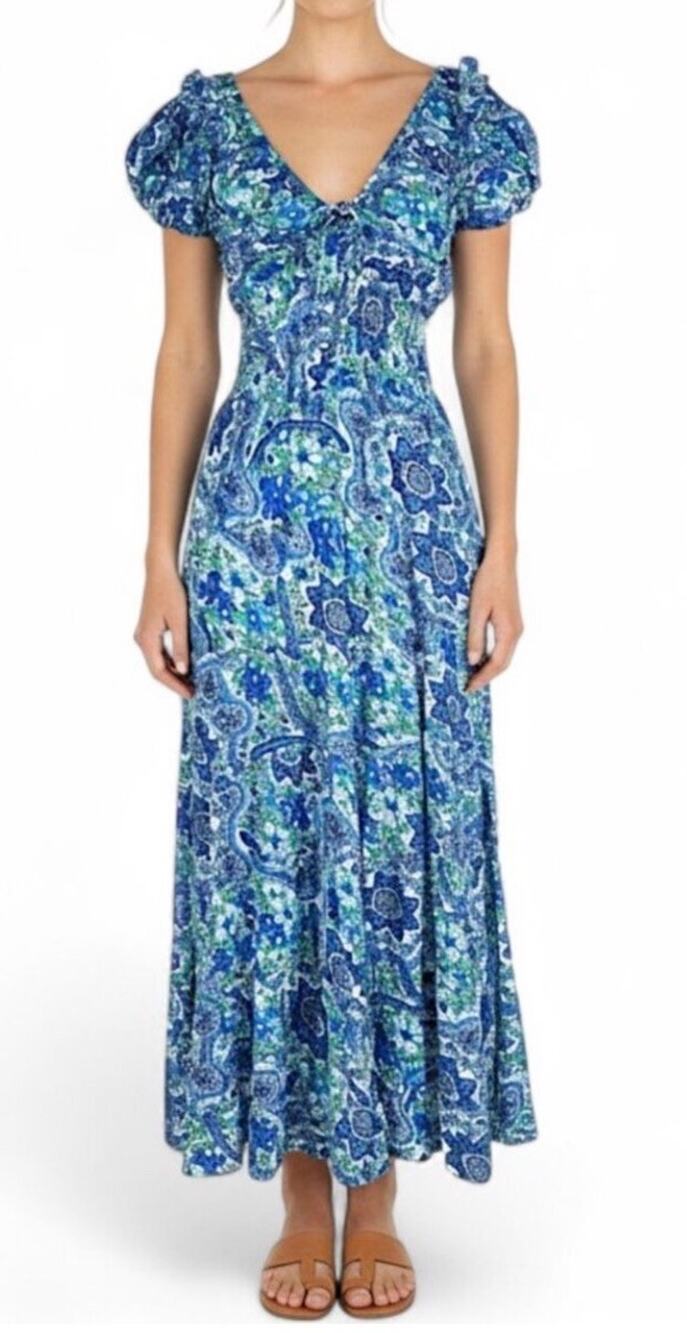 House of Harlow 1960 Smocked Ruffle Blue Floral Cottage Prairie Maxi Dress Sz S